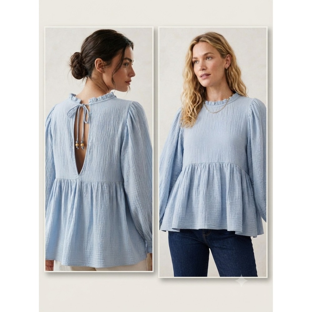 NWT UMGEE Blue Cotton Tunic Swing Top M Relaxed Gauze Peasant Babydoll Peplum